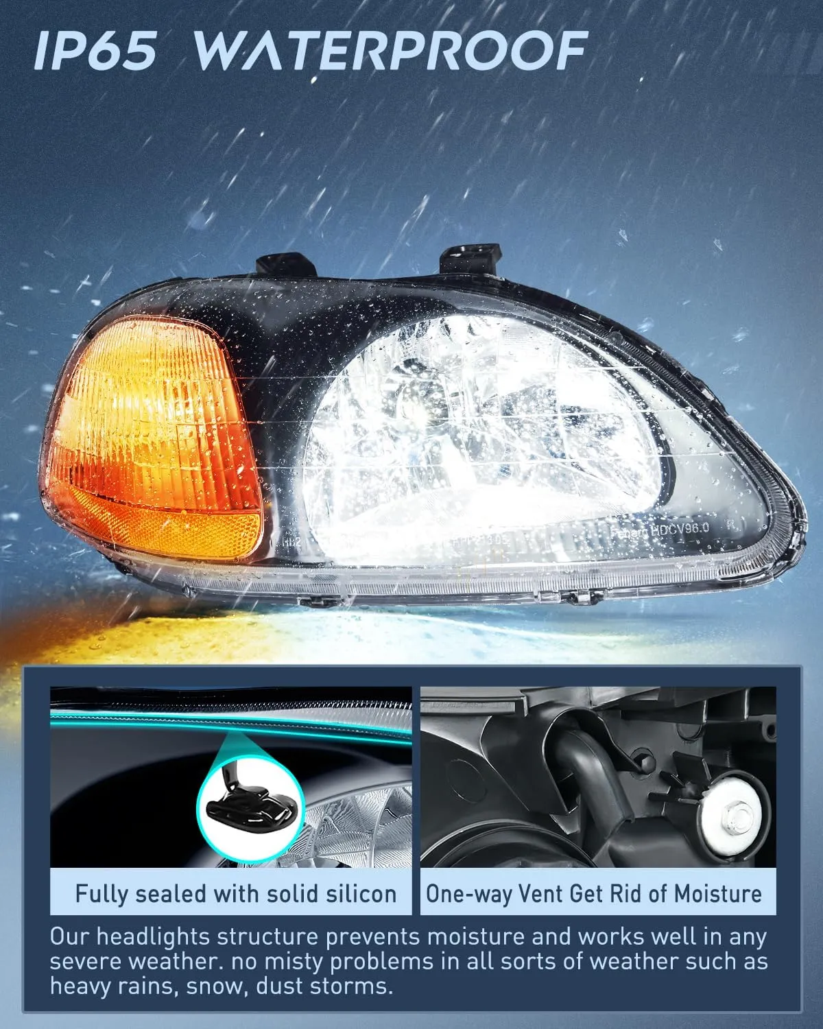 1996-1998 Honda Civic Headlight Assembly Black Case Amber Reflector Upgraded Clear Lens