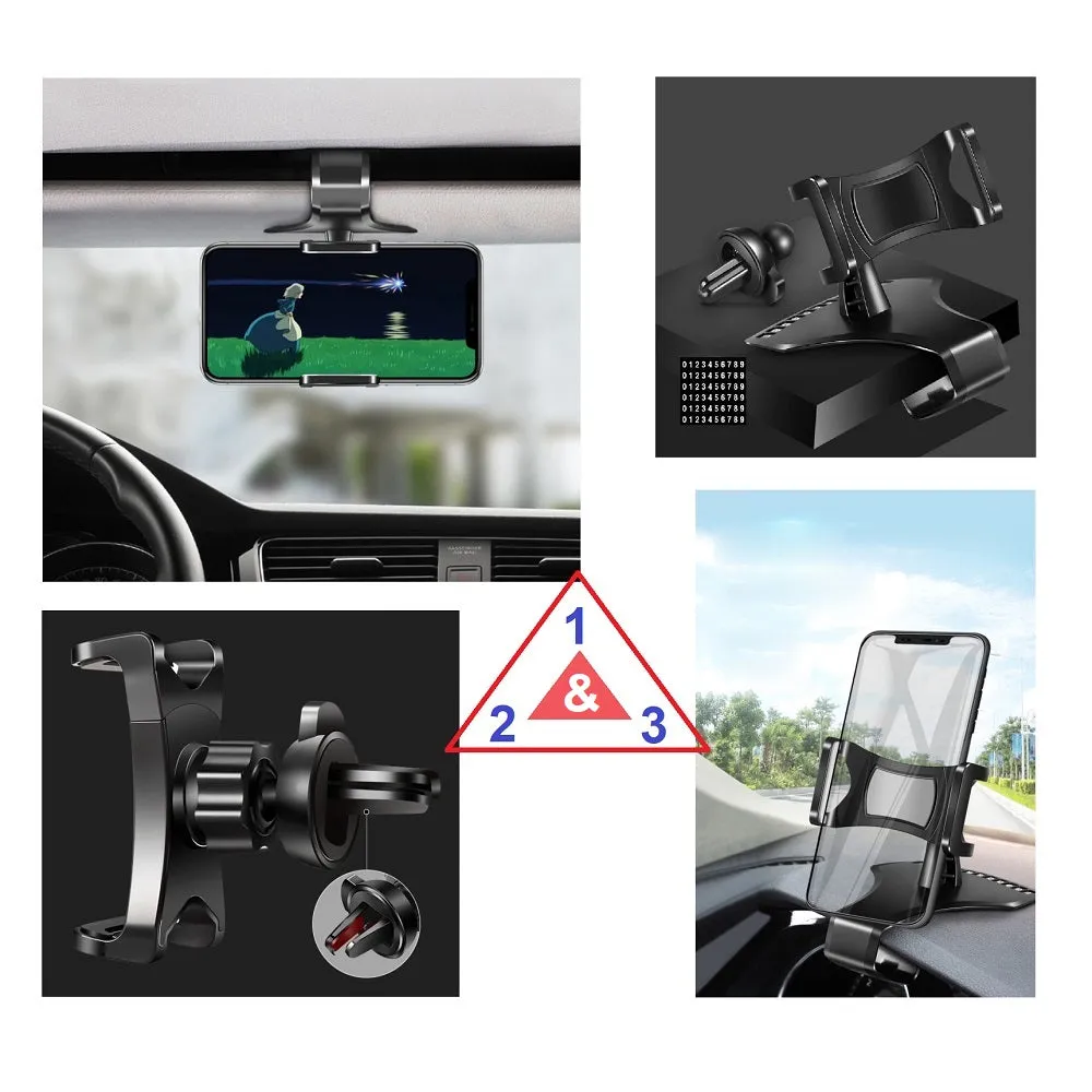 3 in 1 Car GPS Smartphone Holder: Dashboard / Visor Clamp   AC Grid Clip for Gigabyte g-Smart MS800 - Black