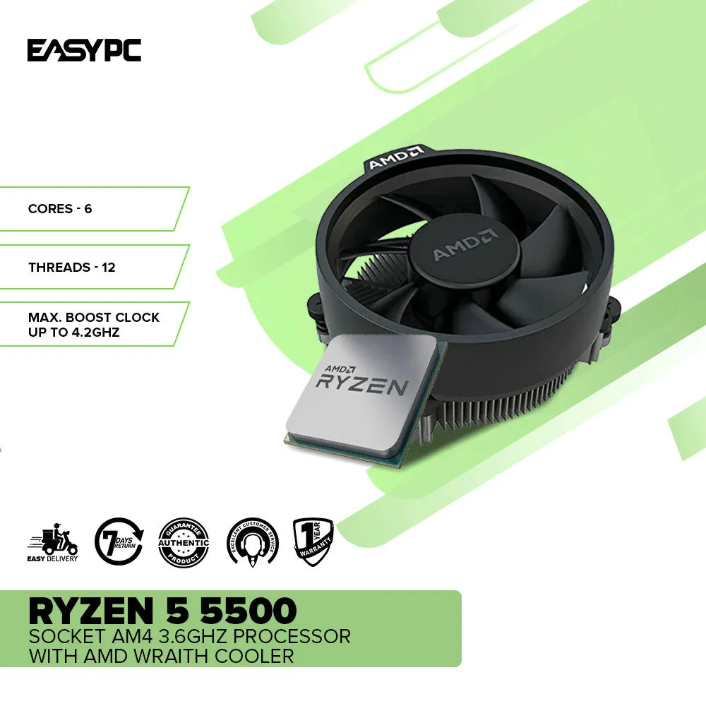 AMD Ryzen 5 5500 Socket Am4 3.6GHz Processor with AMD wraith cooler MPK