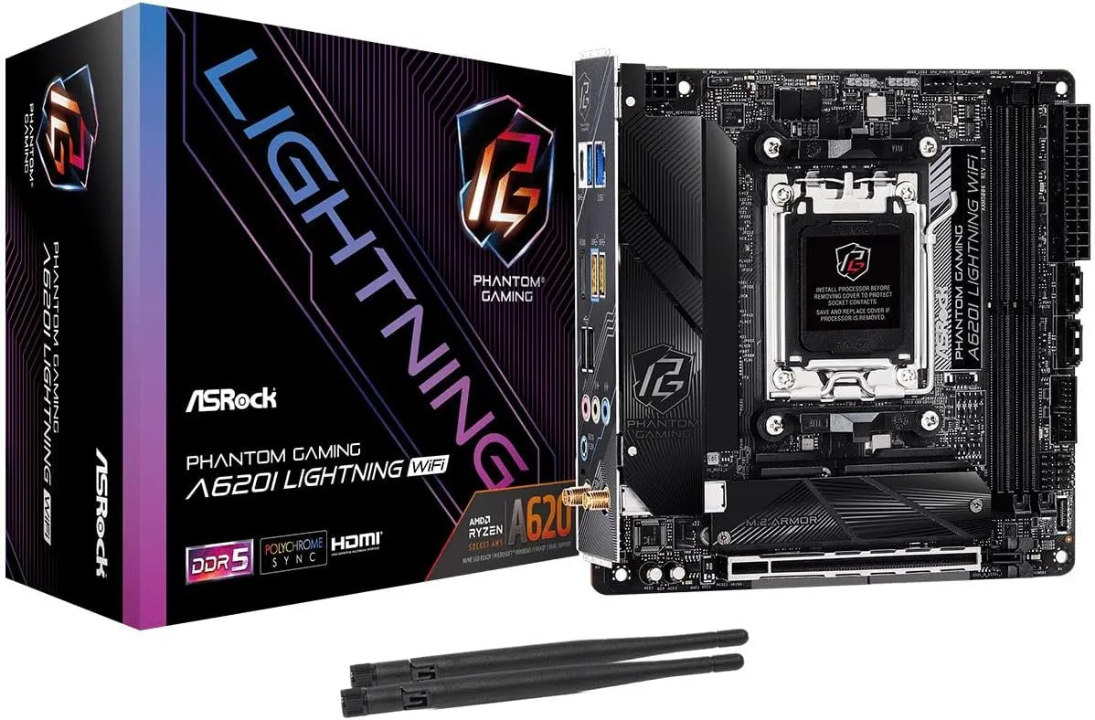 Asrock A620I Lightning WiFi Motherboard, AMD A620, AM5, Mini ITX, DDR5, HDMI, Wi-Fi 6E, 2.5G LAN, M.2