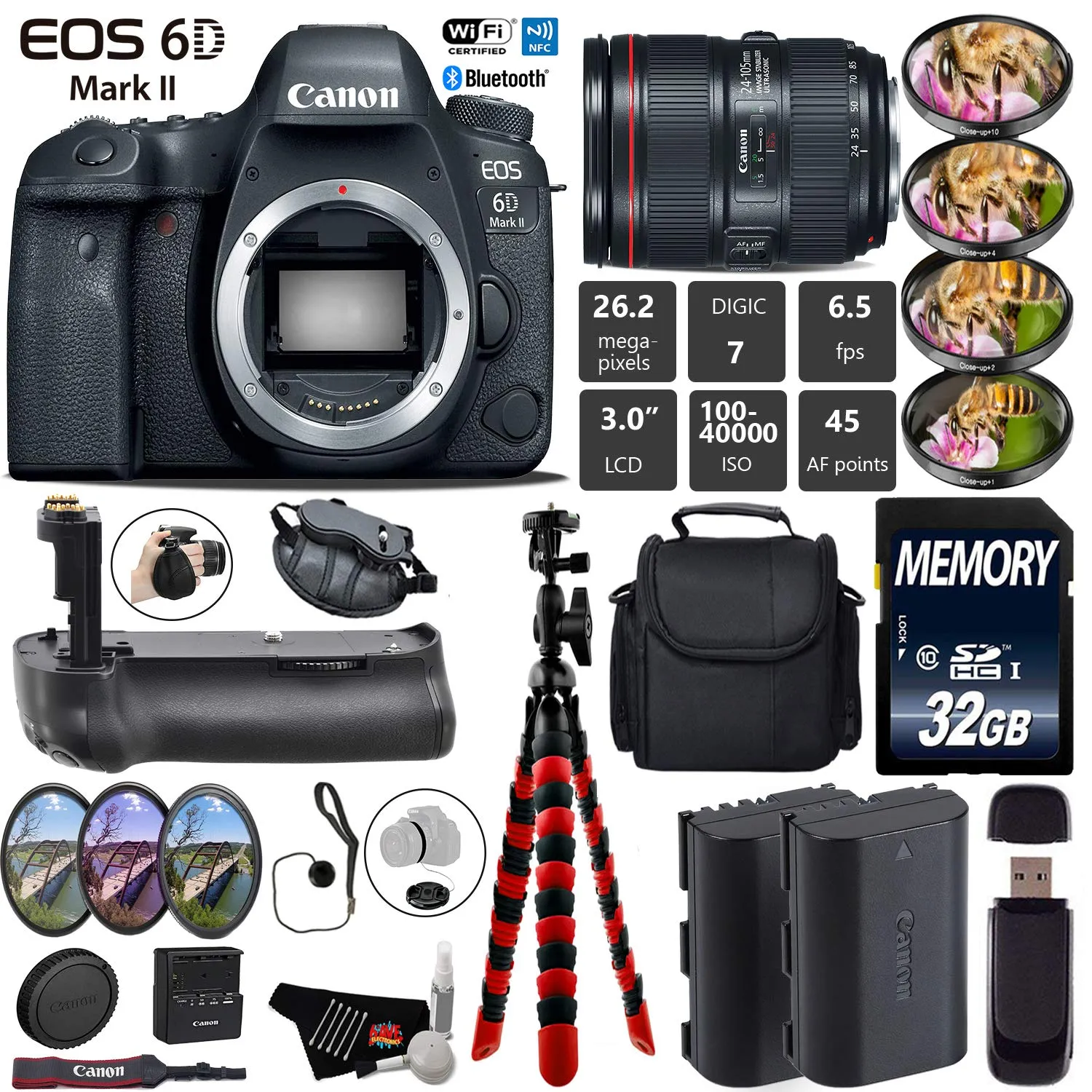 Canon EOS 6D Mark II DSLR Camera with 24-105mm f/4L II Lens   Professional Battery Grip   4PC Macro Filter Kit   LED Kit Starter Bundle