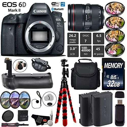 Canon EOS 6D Mark II DSLR Camera with 24-105mm f/4L II Lens   Professional Battery Grip   4PC Macro Filter Kit   LED Kit Starter Bundle
