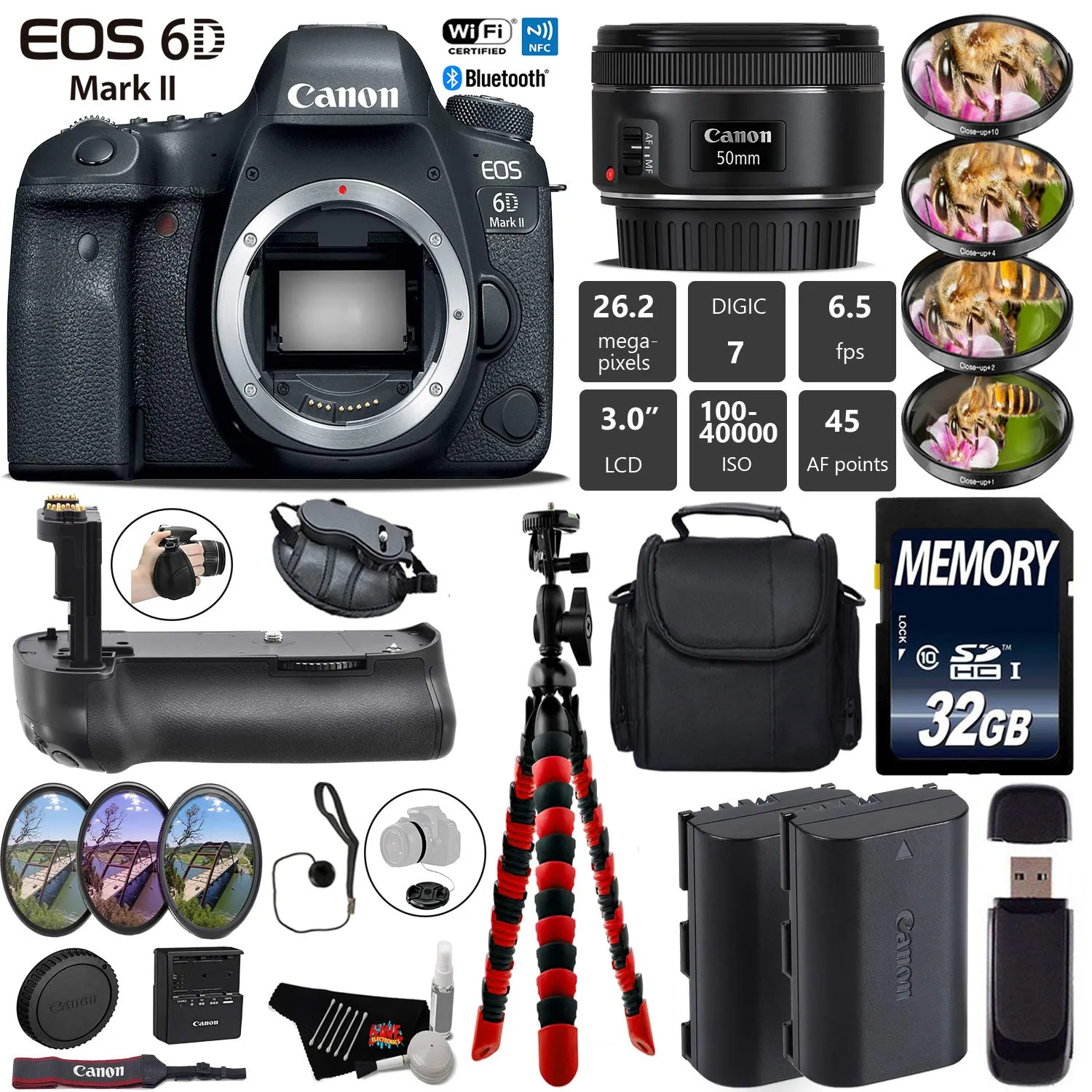Canon EOS 6D Mark II DSLR Camera With 50mm 1.8 STM Lens   Professional Battery Grip   4PC Macro Filter Kit   LED Kit Starter Bundle