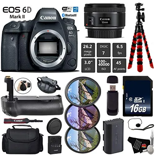 Canon EOS 6D Mark II DSLR Camera with 50mm f/1.8 STM Lens   Professional Battery Grip   UV FLD CPL Filter Kit   Case Base Bundle