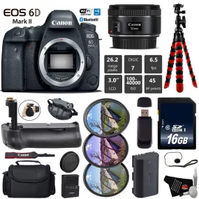 Canon EOS 6D Mark II DSLR Camera with 50mm f/1.8 STM Lens   Professional Battery Grip   UV FLD CPL Filter Kit   Case Base Bundle