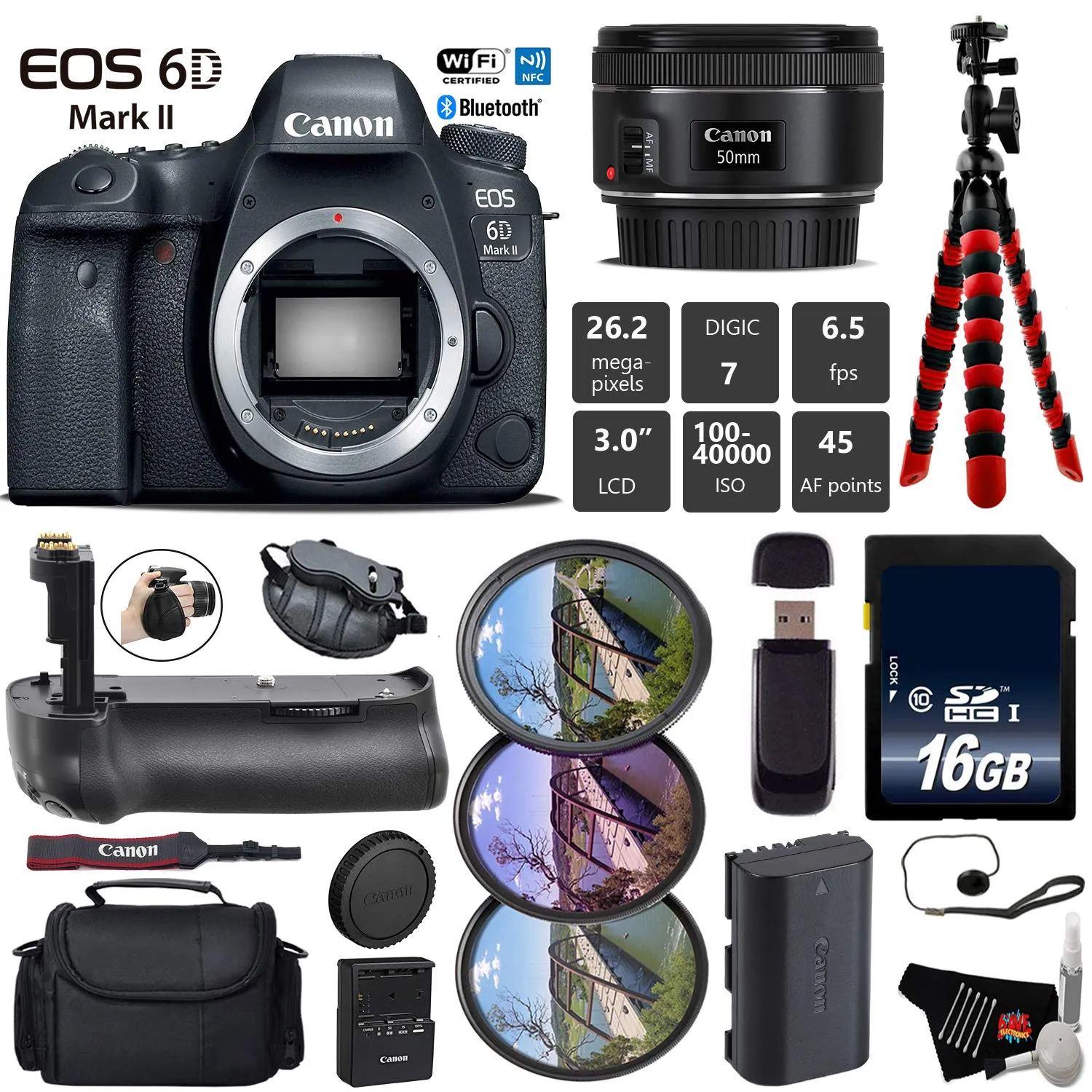 Canon EOS 6D Mark II DSLR Camera with 50mm f/1.8 STM Lens   Professional Battery Grip   UV FLD CPL Filter Kit   Case Base Bundle