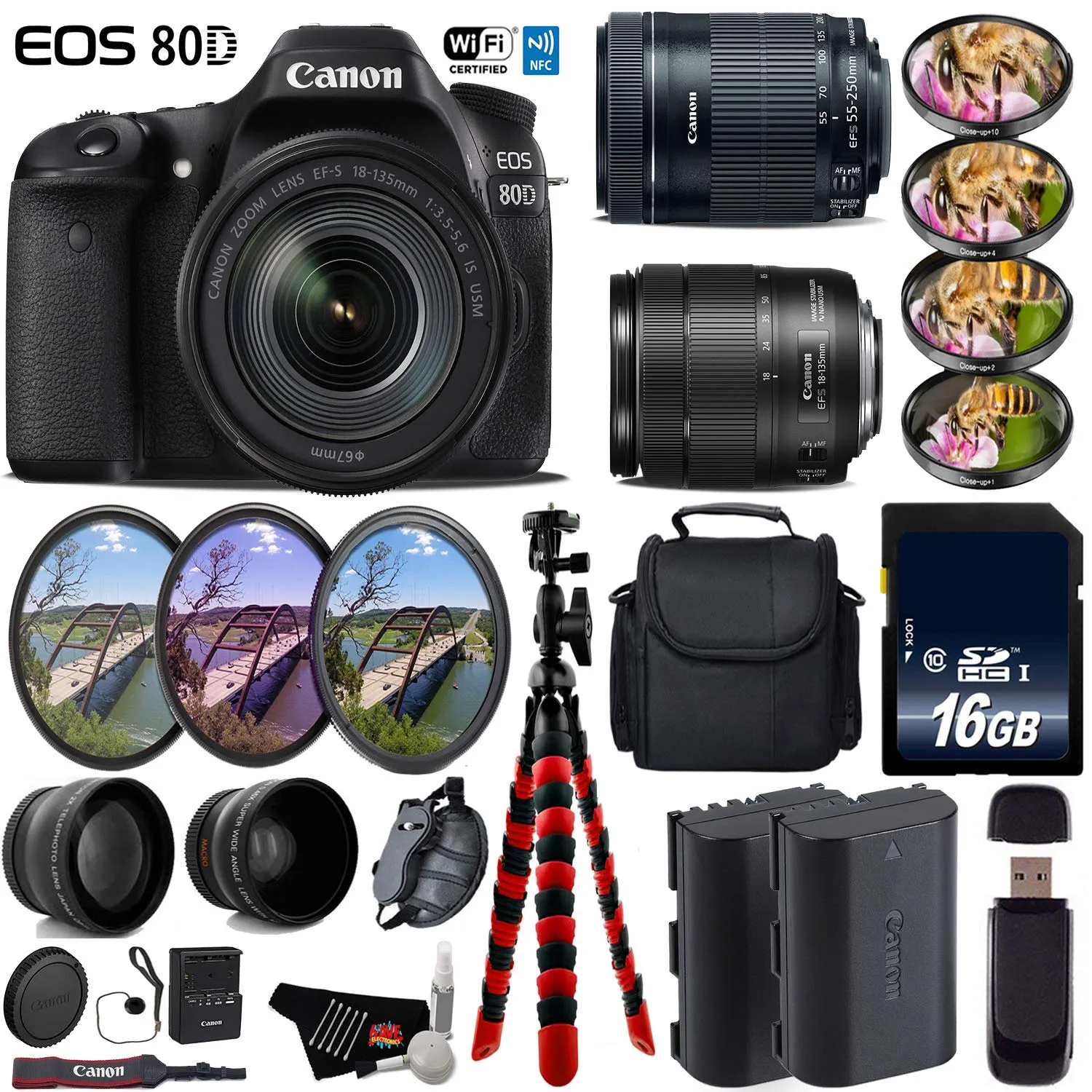 Canon EOS 80D DSLR Camera   18-135mm STM Lens & 55-250mm is STM Lens   UV FLD CPL Filter Kit   4 PC Macro Kit Deluxe Bundle