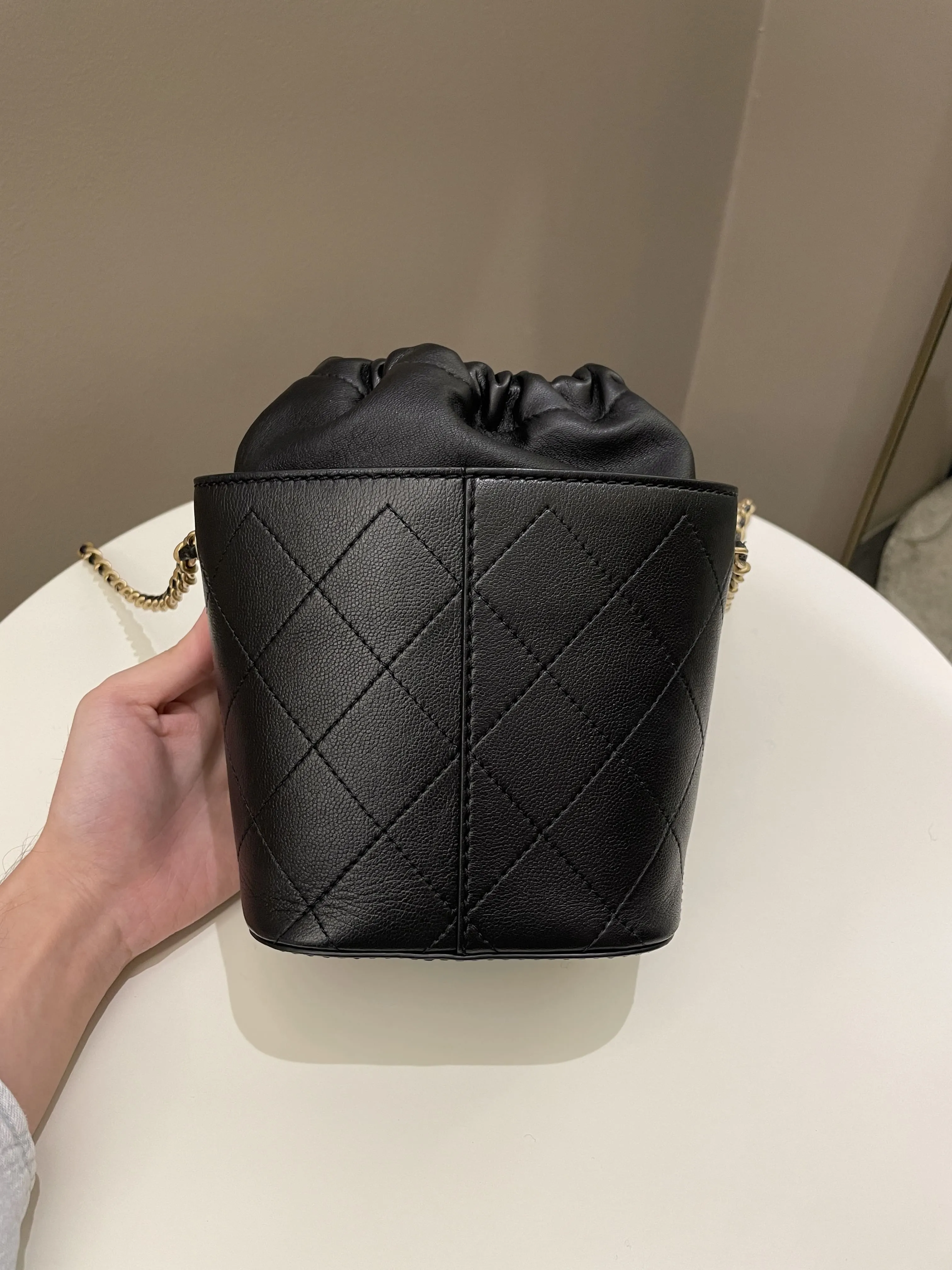 Chanel Cc Quilted Drawstring Bucket Black Caviar / Lambskin
