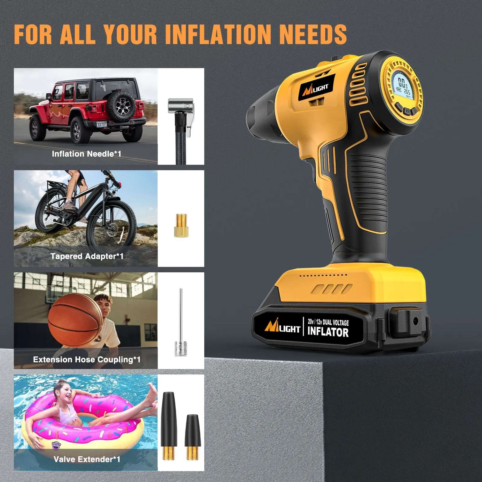 Cordless Tire Inflator 20V Rechargeable Air Compressor with Digital Gauge 150PSI Includes 12V Adapter