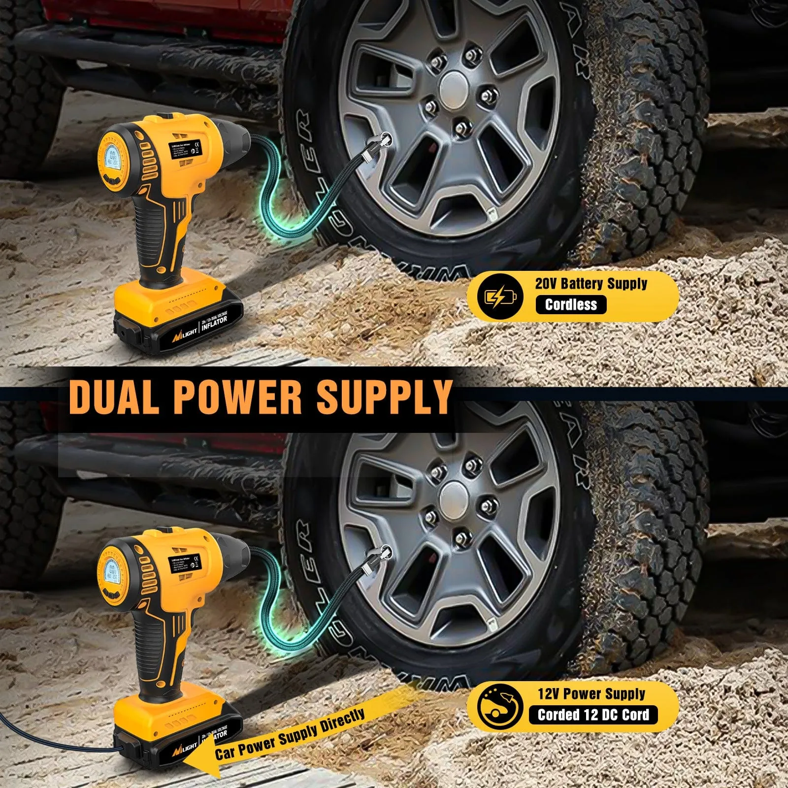 Cordless Tire Inflator 20V Rechargeable Air Compressor with Digital Gauge 150PSI Includes 12V Adapter