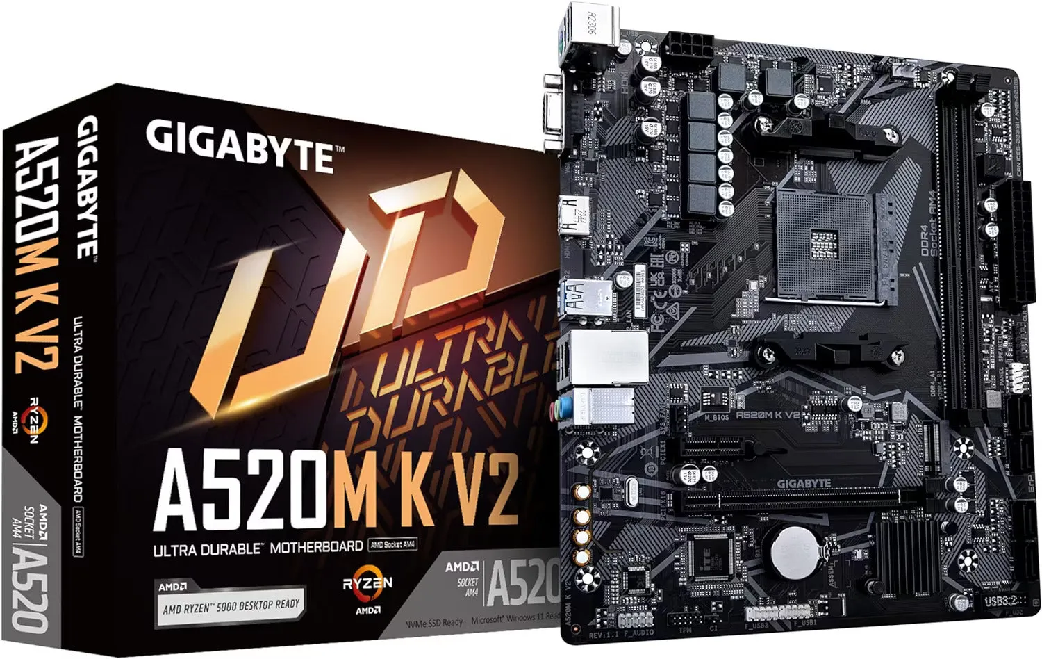 Gigabyte A520M K V2 Micro ATX Motherboard, AMD Ryzen AM4, DDR4 5100MHz, PCIe 3.0
