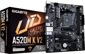 Gigabyte A520M K V2 Micro ATX Motherboard, AMD Ryzen AM4, DDR4 5100MHz, PCIe 3.0