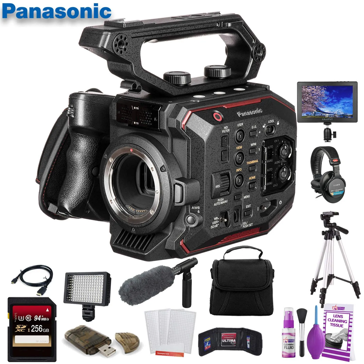 Panasonic AU-EVA1 Compact 5.7K Super 35mm Cinema Camera W/ 256GB Memory Card, Mic, and External Monitor