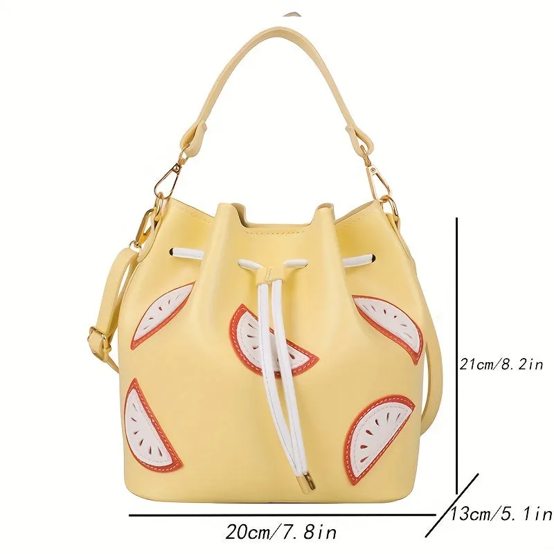 realaiot  Trendy Fruit Patched Bucket Bag, Stylish Satchel Bag, Lightweight Crossbody Bag For Work
