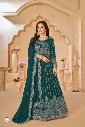 Teal Green Pure Georgette Long Floor Length Embroidered Work Readymade Gown