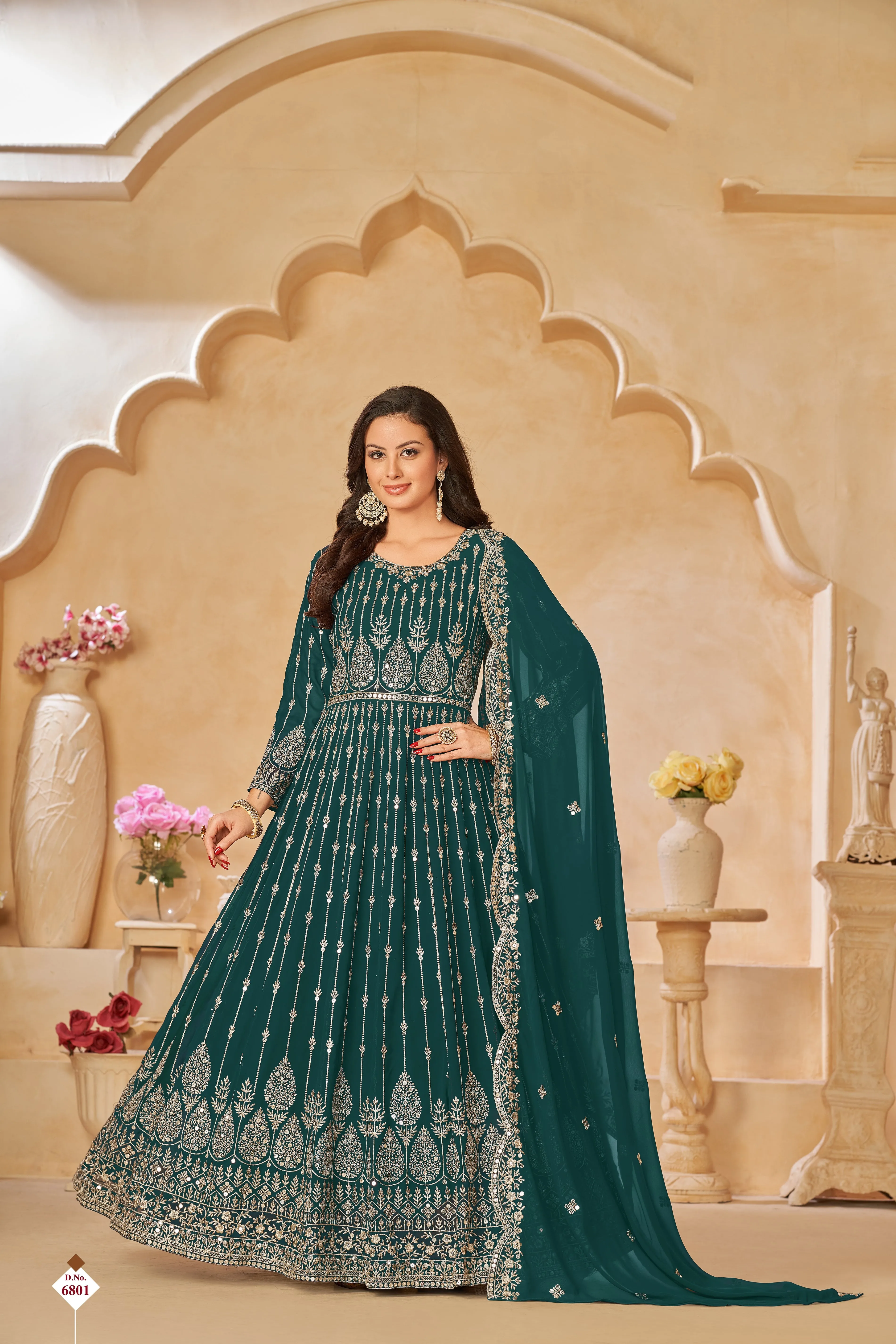 Teal Green Pure Georgette Long Floor Length Embroidered Work Readymade Gown