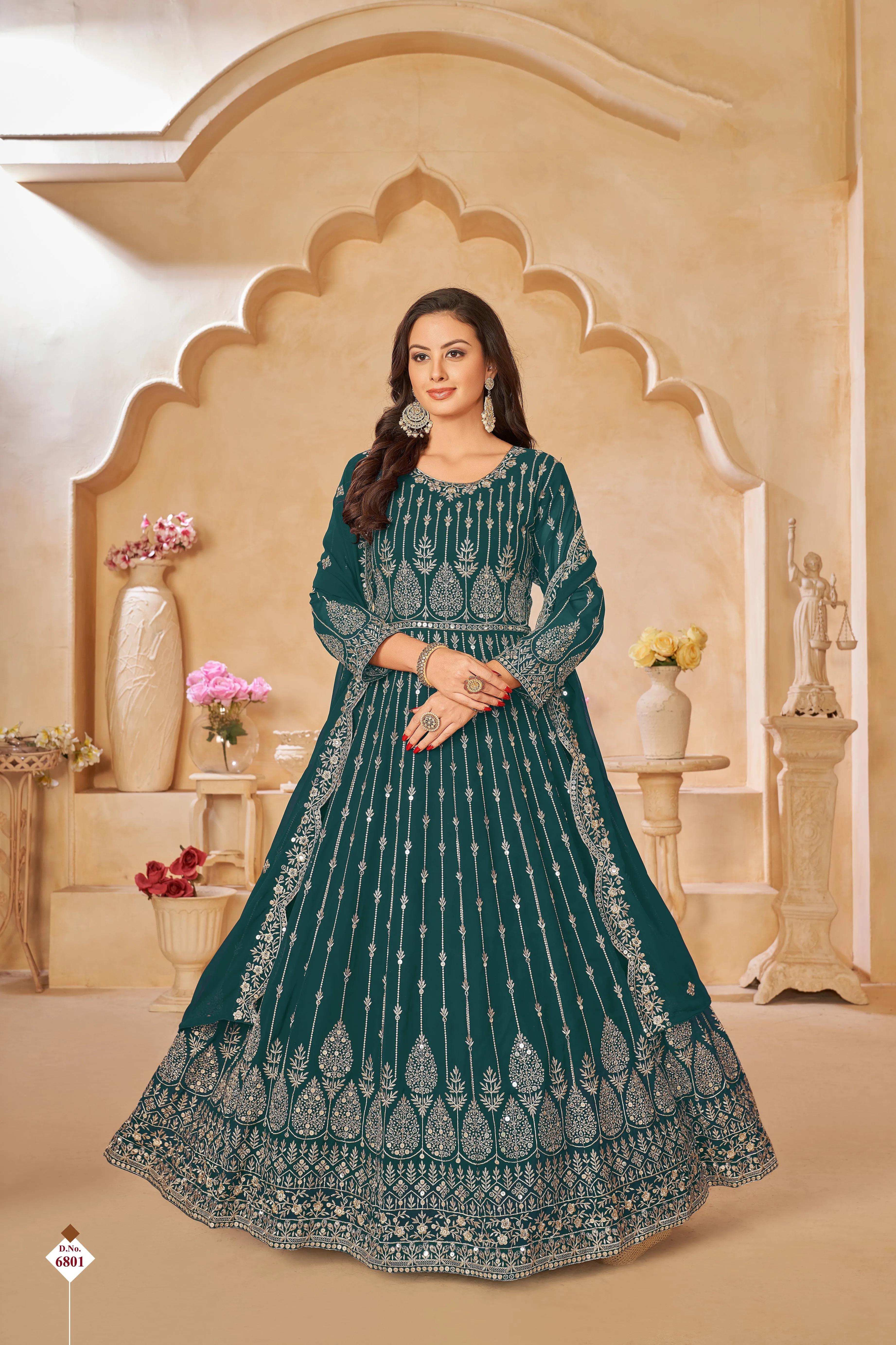 Teal Green Pure Georgette Long Floor Length Embroidered Work Readymade Gown