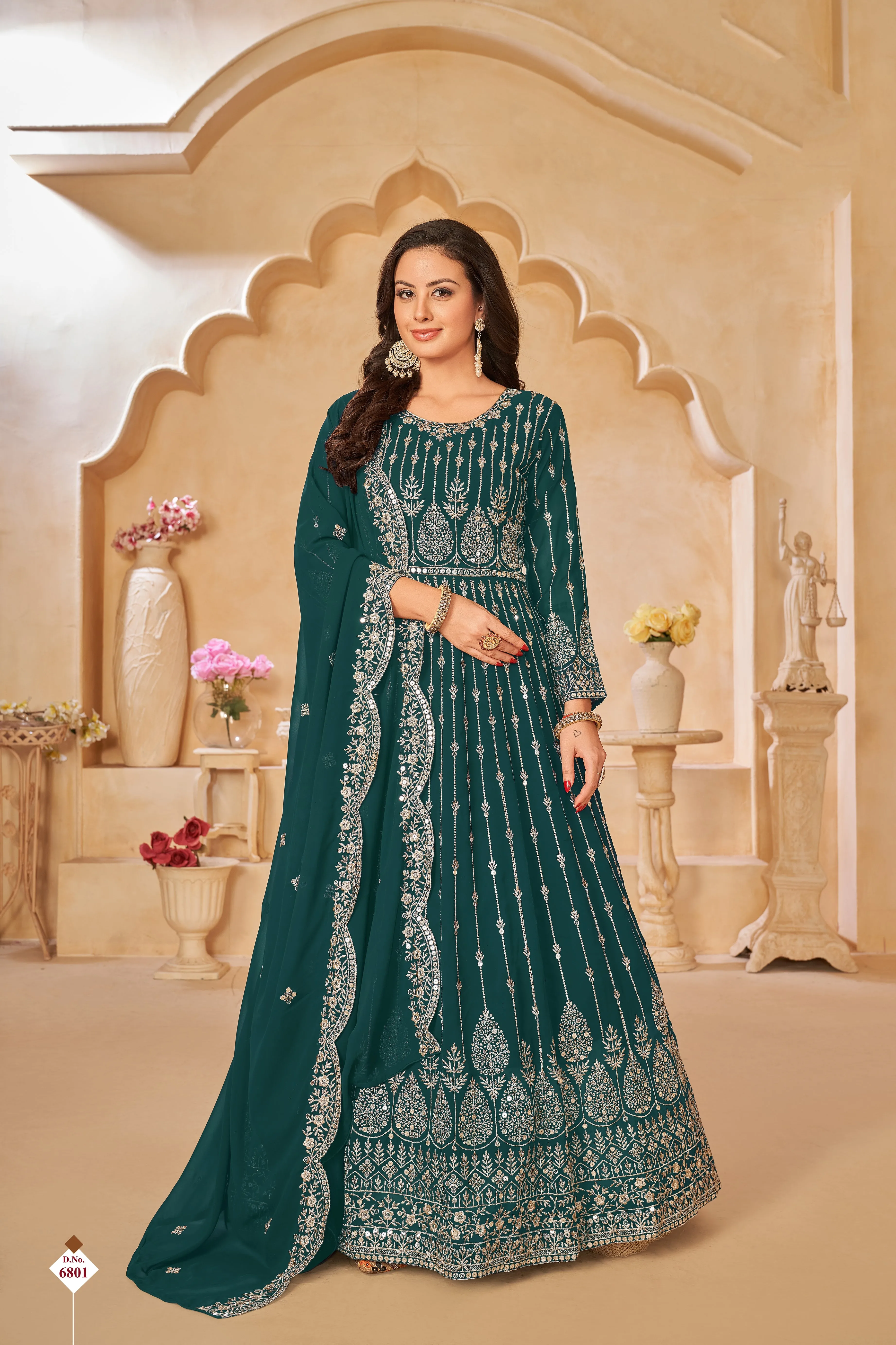 Teal Green Pure Georgette Long Floor Length Embroidered Work Readymade Gown