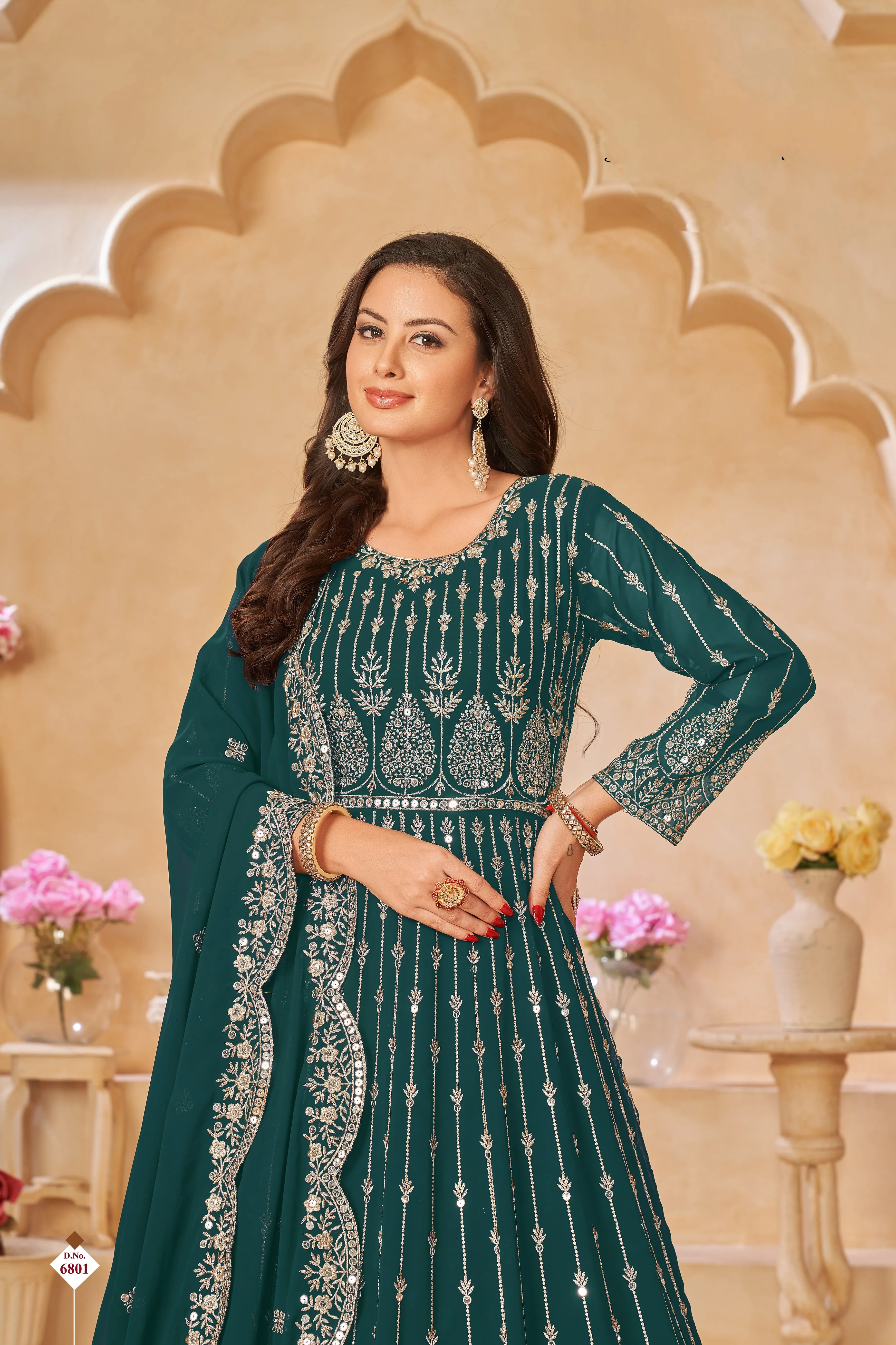 Teal Green Pure Georgette Long Floor Length Embroidered Work Readymade Gown
