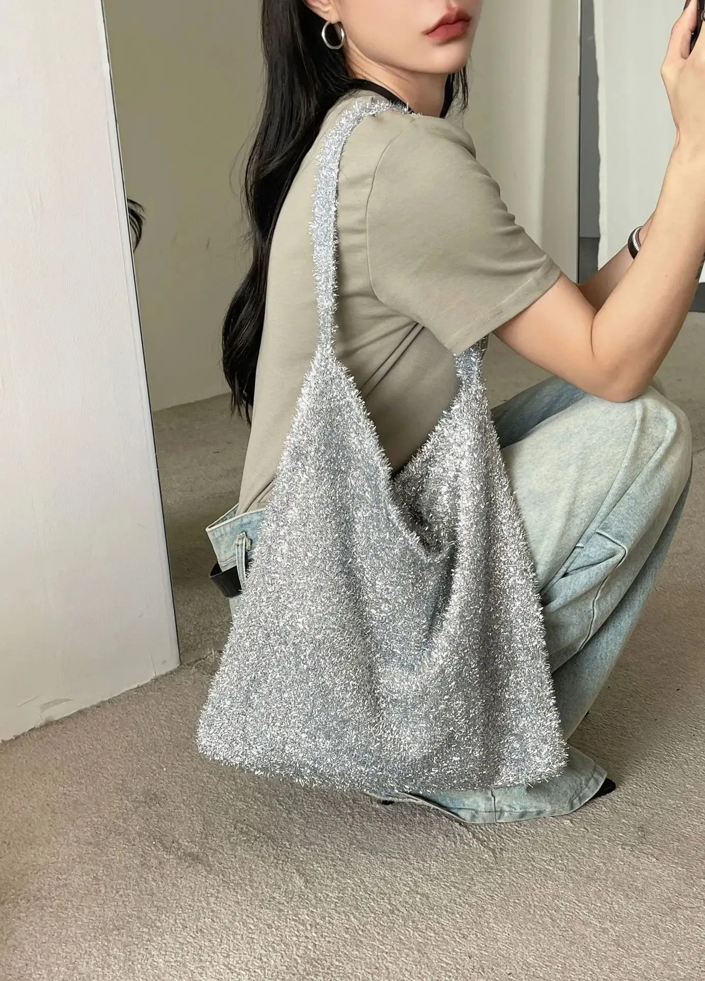 UAKISS  -  Pleuche Y2K Silver Big Soft Shoulder Bags for Women 2024 Luxury Brand Small Armpit Bag Female Underarm Handbags and Purses
