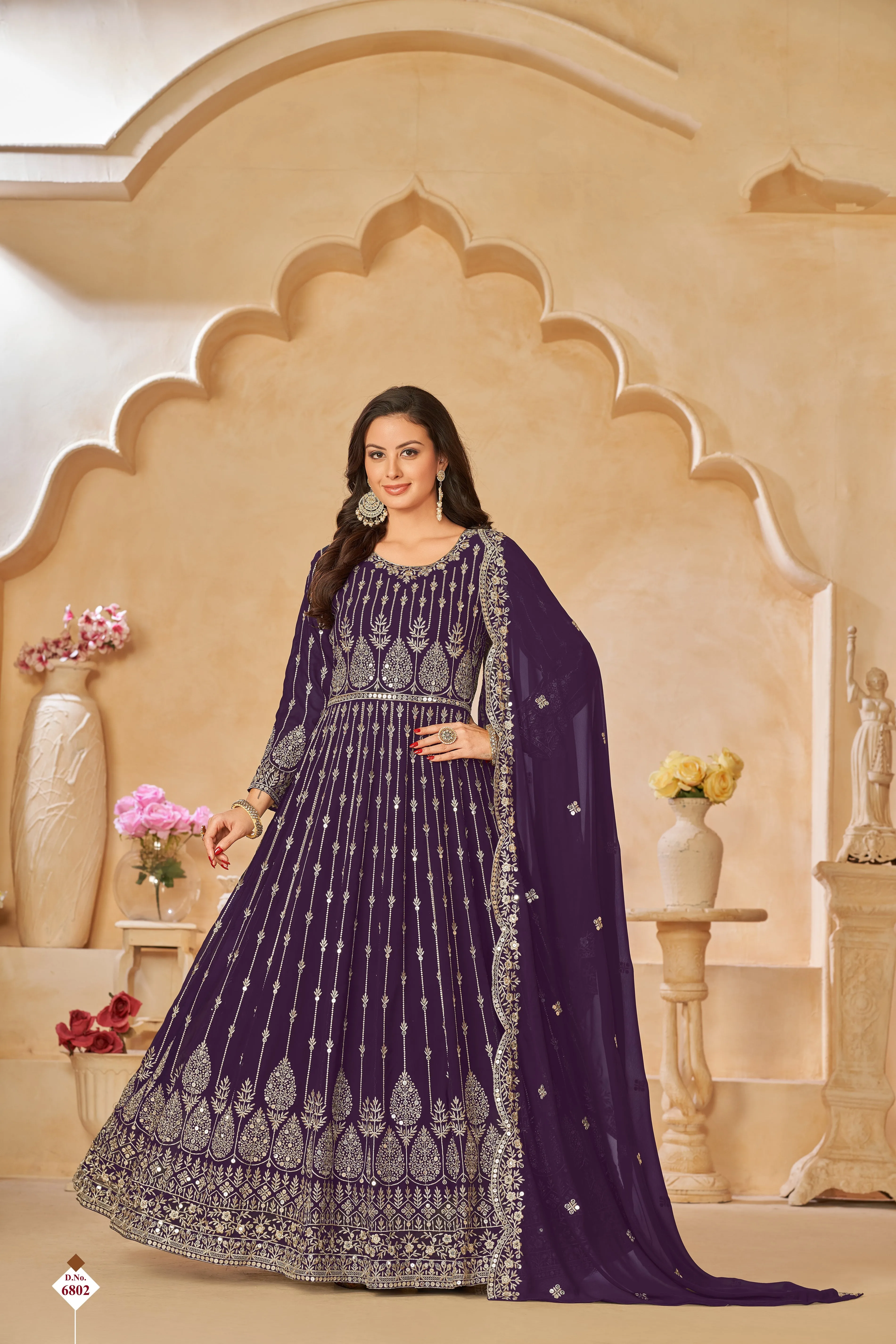 Wine Pure Georgette Long Floor Length Embroidered Work Readymade Gown