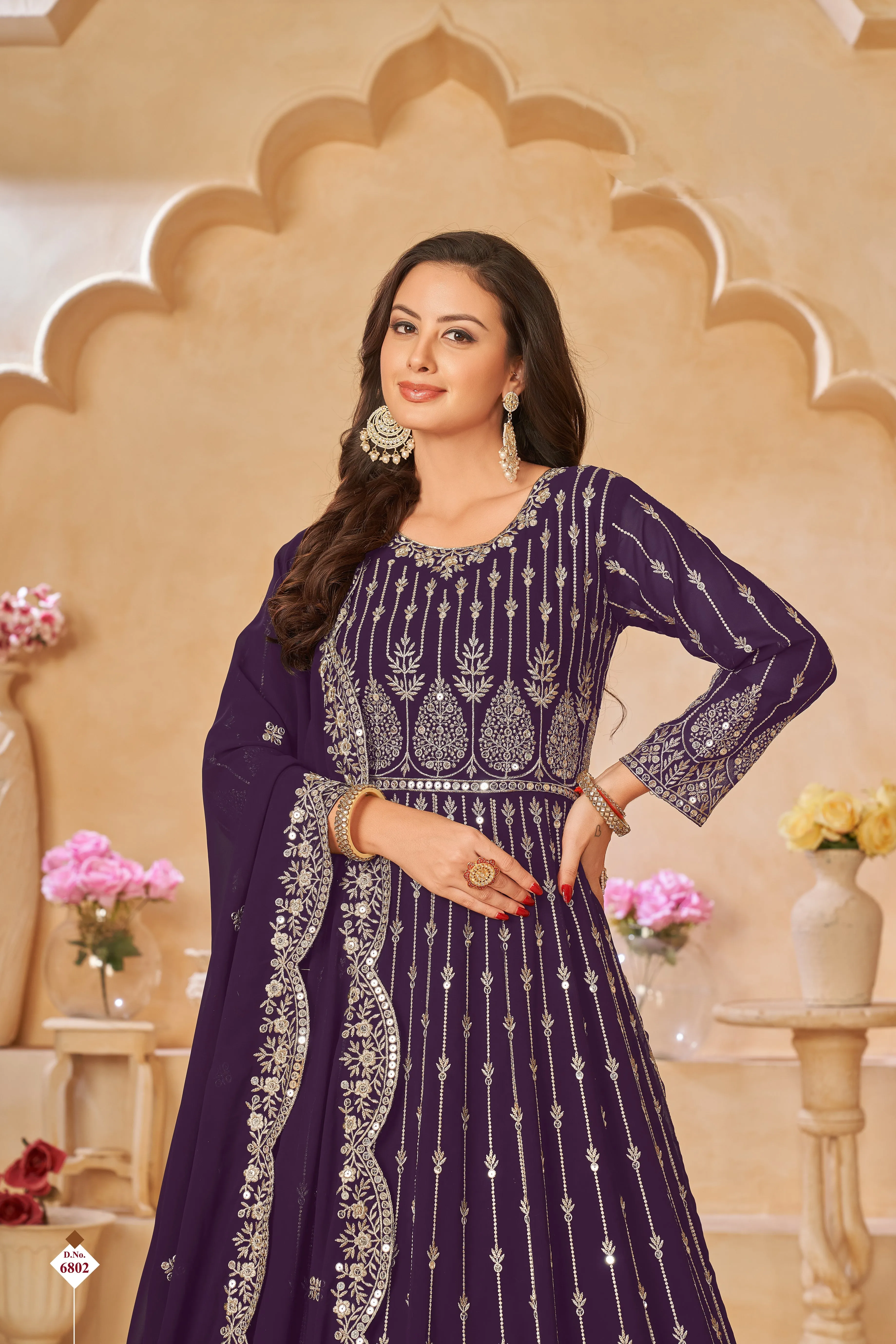 Wine Pure Georgette Long Floor Length Embroidered Work Readymade Gown