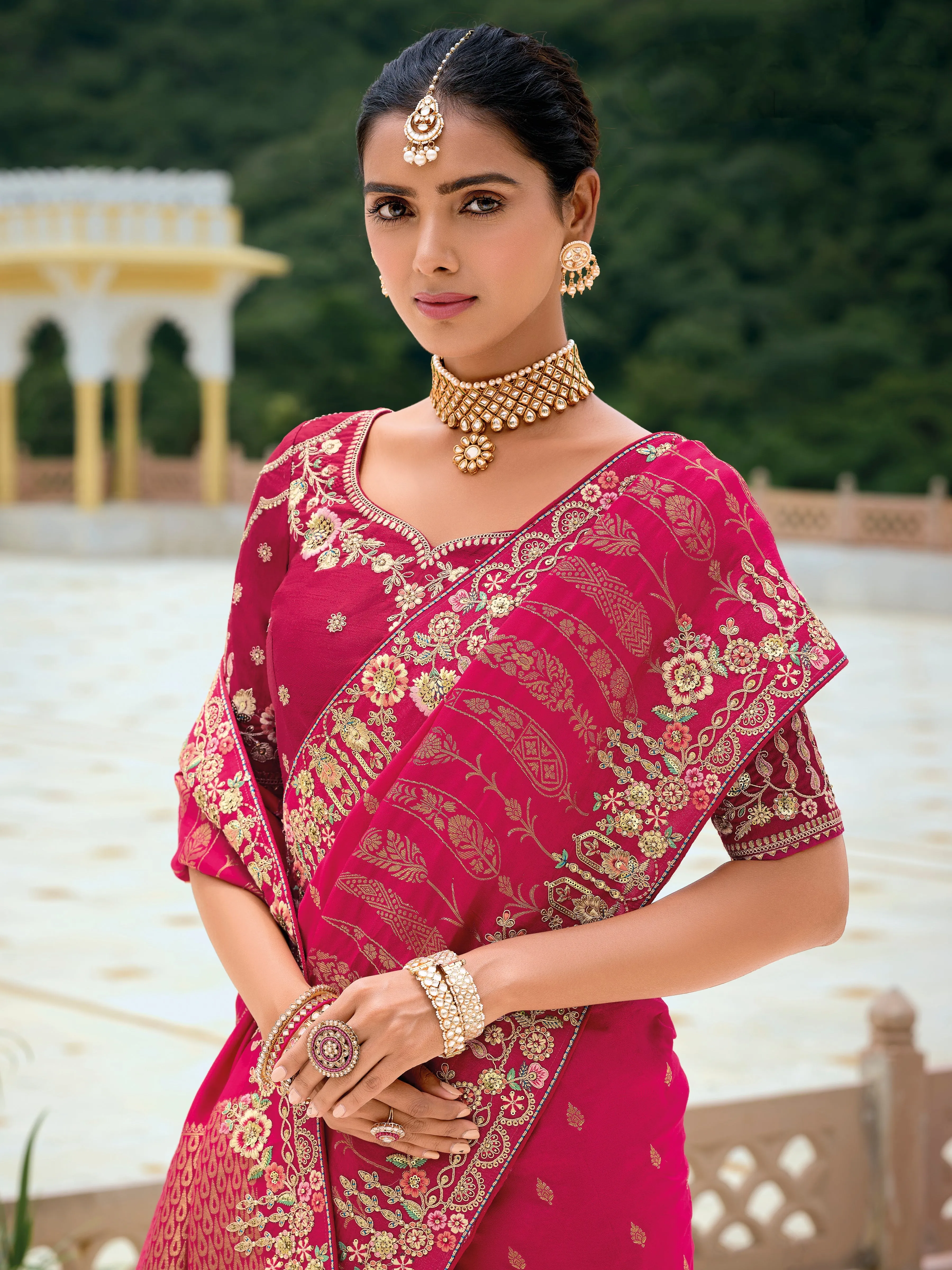 Wine Red Banarasi Silk Saree with Golden Zari Weaving